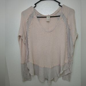 We The Free Tan and Pink WaffleKnit Thermal Asymmetrical Long Sleeve Blouse Sz S